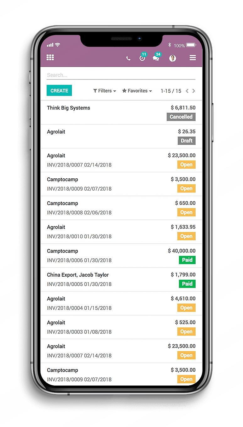 Odoo Accounting System in Mobile Display